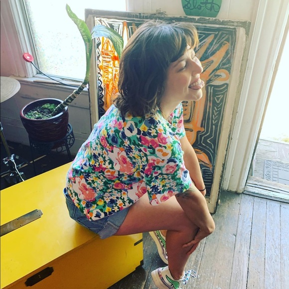 All-over-floral-summer-print 80s cotton blend T - Picture 5 of 6